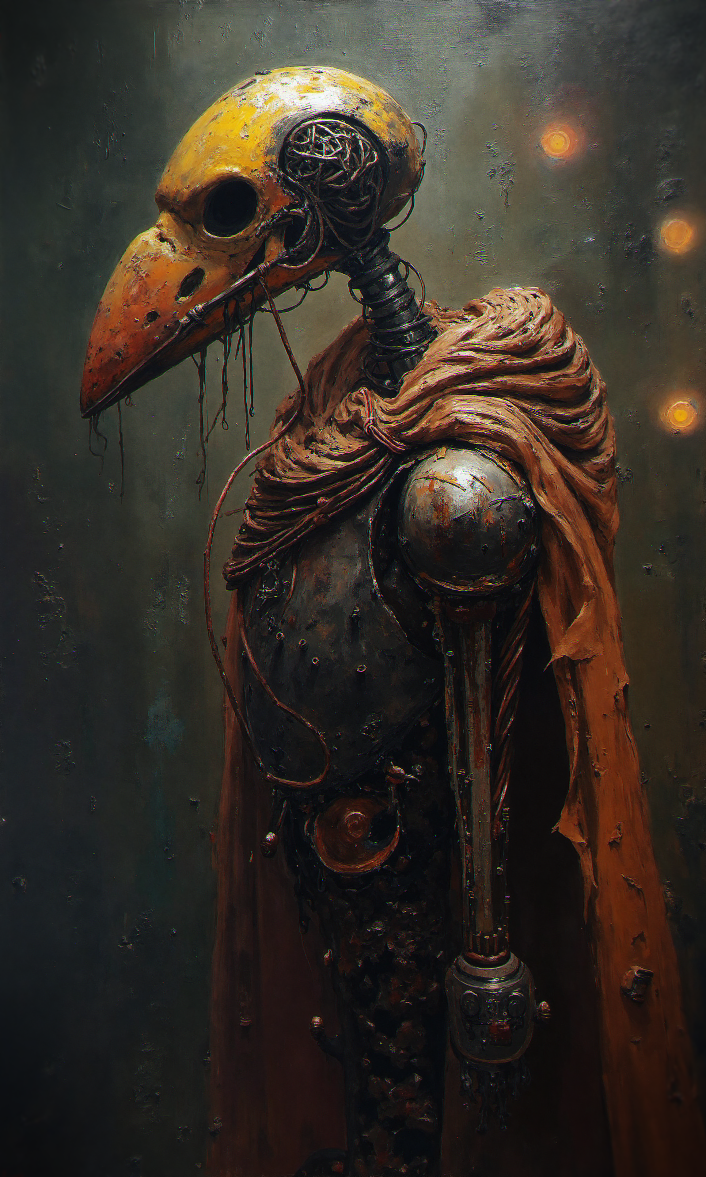 (impasto, oil painting: 1.2) side profile of a tall, skeletal robot with a bird-like beak made of rusted metal, glowing orange eye contrasts sharply with its dark, metallic frame, wires and cables dangle from its exposed joints, giving it an eerie, decaying appearance, the robot is draped in a worn brown cloak, the background is a dimly lit industrial environment with hints of glowing circuitry, shadows are deep and pervasive, the overall atmosphere is ominous, evoking a dystopian, post-human world.