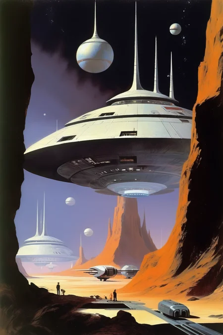 <lora:Angus McKie Style:1>Angus McKie Style - In the style of Chesley Bonestell, one can expect to see paintings that showcase his mastery of creating realistic and highly detailed depictions of space and planetary landscapes. Bonestell was an American artist and illustrator who was best known for his work in the field of science fiction and space exploration. His paintings often featured otherworldly landscapes and futuristic spacecraft, rendered with a remarkable level of technical accuracy and scientific detail. Bonestell's use of light and shadow was also noteworthy, creating a sense of depth and realism that made his paintings feel almost like photographs. His style was highly influential, shaping the popular imagination of space exploration and science fiction in the mid-twentieth century. Overall, Bonestell's style can be characterized as a masterful blend of art and science, creating a sense of wonder and possibility that continues to captivate viewers to this day.