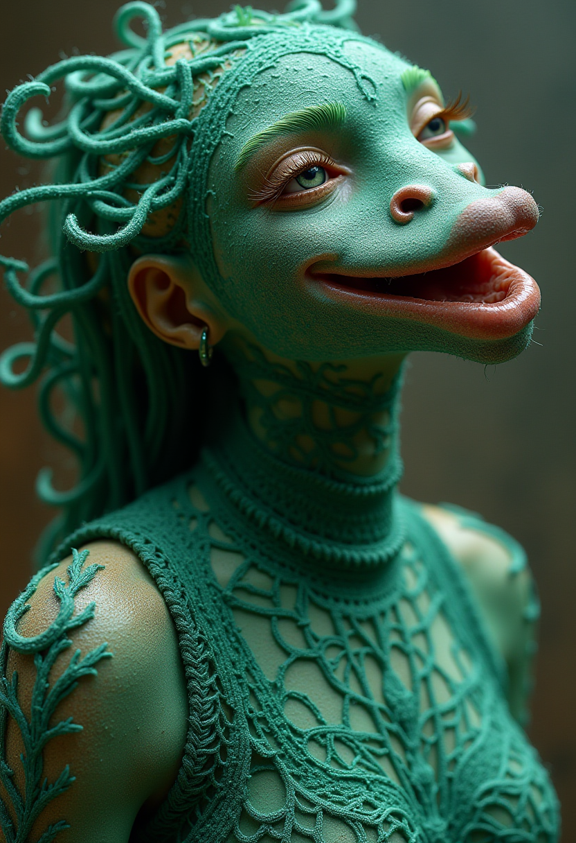 In Emeralds and Lace material, this fantasy sculpture with a Squealing Moving lanky traditional Canadian when the rain is pouring down and my heart is hurting you will always be around, she has traditional Tovarisch hair, exploration of nature and animals, exploring themes of suffering, traditional Korean painting, candid and empathetic portraits, fashion, dialogue-heavy, assemblage sculpture, large-scale canvases, shiny, highly decorated, unique, pure