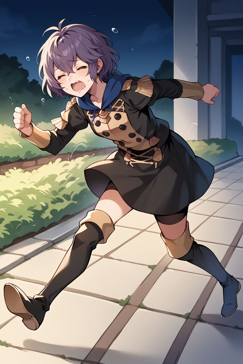 score_9, score_8_up, score_7_up, score_6_up, source_anime, 1girl BREAK <lora:bernadetta-pdxl-nvwls-v1:1> defBernie, messy hair, black uniform, hood down, black skirt, long sleeves, thigh boots, closed eyes, scared, open mouth, running, from side, night, dark, outdoors, garden, fantasy