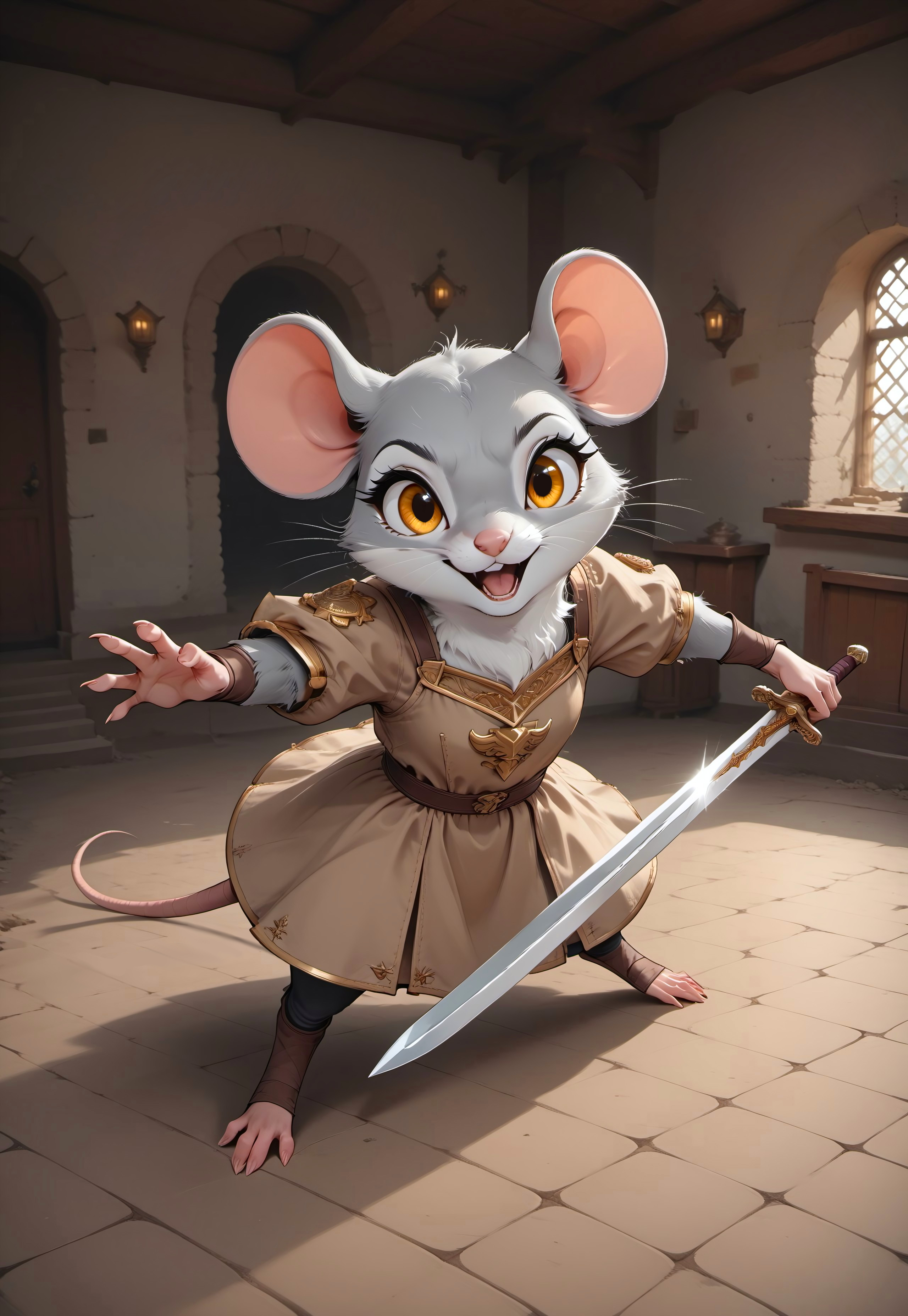 score_9, score_8_up, score_7_up, score_6_up, score_5_up, score_4_up, m0use_goldie, female, grey fur, golden eyes, (cute, feral:1.5), (holding sword:2), (bronze armor, beige tunic), (paladin), (adventurer:1.5), Foreshortening, dynamic pose, high angle view, extreme perspective, (action pose:2), indoors, dungeon,