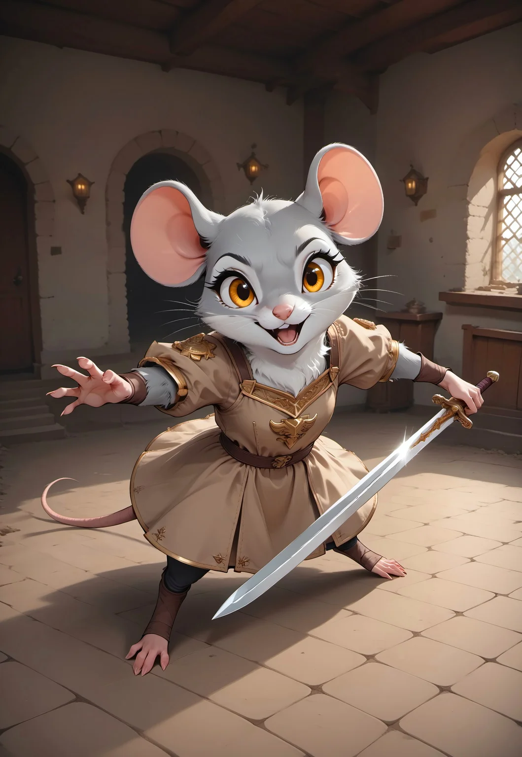 score_9, score_8_up, score_7_up, score_6_up, score_5_up, score_4_up, m0use_goldie, female, grey fur, golden eyes, (cute, feral:1.5), (holding sword:2), (bronze armor, beige tunic), (paladin), (adventurer:1.5), Foreshortening, dynamic pose, high angle view, extreme perspective, (action pose:2), indoors, dungeon,