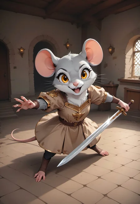 score_9, score_8_up, score_7_up, score_6_up, score_5_up, score_4_up, m0use_goldie, female, grey fur, golden eyes, (cute, feral:1.5), (holding sword:2), (bronze armor, beige tunic), (paladin), (adventurer:1.5), Foreshortening, dynamic pose, high angle view, extreme perspective, (action pose:2), indoors, dungeon,