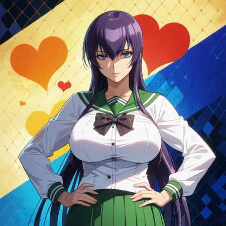 score_9, score_8_up, score_7_up, 1girl, looking at viewer, sunlight, abstract background, argyle background, rainbow, heart, upper body, close-up, portrait,
<lora:Saeko_Busujima_Dwnsty_r1:0.8>, saeko_busujima, purple hair, blue eyes, long hair, hair between eyes, school uniform, serafuku, green skirt, long skirt, pleated skirt, black bowtie,
lips, expressionless, large breasts, skindentation, mature female, hands on own hips,
