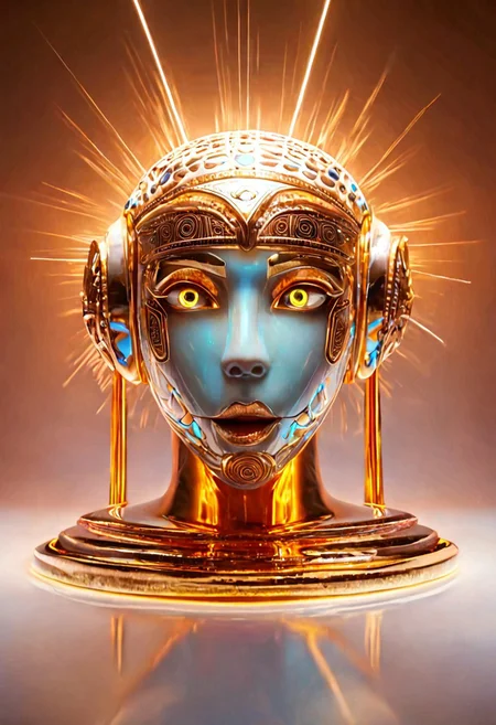 ((pmg)) style, score_9, score_8_up, score_7_up, score_6_up, score_5_up, score_4_up, ((closeup)), an HD photograph of an extremely futuristic stunning android with the head of a cat pale skin, wearing extremely intertwined armor clothing made entirely out of extreme gritty gold and glowing yellow eyes, vivid lighting, rim light, semi realistic, extremely detailed, sharp very subtle film grain, subtle neon blue accents