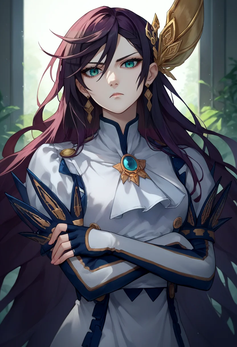 score_9, score_8_up, score_7_up, source_anime, solo, 1girl, rorbrunhilde, expressionless, looking at viewer, crossed arms, hair ornament, dress, elbow gloves, fingerless gloves <lora:ror_brunhilde_ponyXL:1>