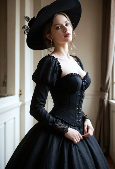 CyberRealisticPony_POSV1, a Victorian-era gothic woman standing elegantly, (wearing a wide-brimmed black hat:1.2), long flowing Victorian dress with intricate lace details and a (tight corset:1.1), looking at viewer, pale skin, all-black clothing, dark and mysterious atmosphere, her expression calm yet haunting, standing in front of a dimly lit Victorian mansion, high contrast between her pale skin and dark attire, 8k resolution, medium shot, detailed face and fabric, side view, gothic elegance, eerie mood