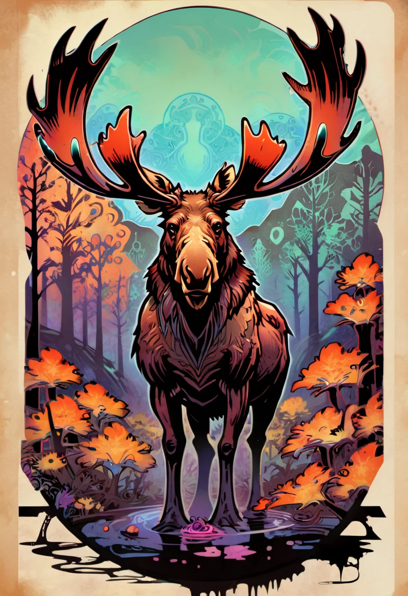 ccxl-mucha, art style, moose, Psychedelic art drdjns style, comic book artwork in dgst artstyle <lora:ccxl-mucha_lora_vA1:0.75> <lora:drdjns:0.75> <lora:SDXL1.0_Essenz-series-by-AI_Characters_Style_DarkestDungeonChrisBourassa-v1.1:0.95>