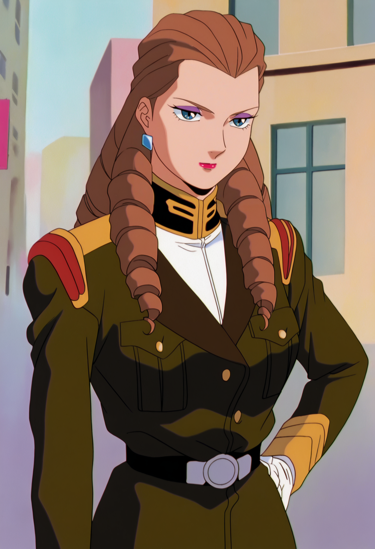 best quality, amazing quality, very aesthetic, absurdres,
BREAK
1girl, brown hair, long hair, makeup, drill hair, blue eyes, earrings, gloves, uniform, hand on hip, jewelry, military, military uniform, retro artstyle, sksgw, solo,1990s \(style\), outdoors, street, city street background,  <lora:GundamWingNoobLocon_byKonan:1>