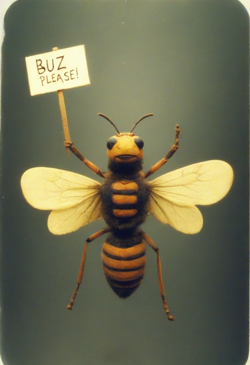 pinhole photo of a several different colors of giant, anthropomorphic, winged insects, holding signs which reads: "Buzz Please!"