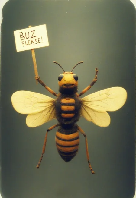 pinhole photo of a several different colors of giant, anthropomorphic, winged insects, holding signs which reads: "Buzz Please!"