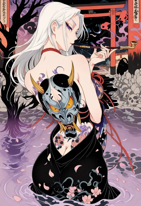 , best quality, amazing quality
, line art, line drawing, linesrt, shibari
, 1girl, solo, Nurarihyon, long hair, white hair, smoking pipe, pipe in mouth, purple smoke in pipe, kimono , hold katana, show back, look at viewer, 
, reveal upper body from the water, water reflection
, outdoors, lacquerware, sake, pink petals floating on the water,  Torii, Crooked dead tree
, black cloud, red smoke, steam, fog, Ukiyoe, close up, bloom
, shadow, local light, spot light, bottom light, title, from side
, back tattoo, tattoo on hips, ass tattoo, skull tattoo
, defocus, foreground, blurry
, ukiyo-e , dynamic pose, foreshortening, extreme perspective, fighting stance