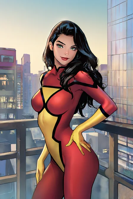 masterpiece, best quality, highres, extremely aesthetic, jessicadrew, 1girl, solo, long hair, black hair, green eyes, lipstick, medium breasts, red bodysuit, multicolored bodysuit, print bodysuit, skin tight, yellow gloves, hands on own hip, looking at viewer, smile, standing, cowboy shot, outdoors, city, building <lora:Spider-Woman (Jessica Drew) v1.0 [LoRA] - NoobAI-XL EPS 1.0:0.8>