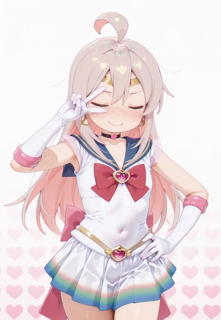 masterpiece,extremely detailed,best quality,amazing quality,newest,absurdres,highres, 1girl, solo, oyama mahiro, long hair, pinkish-gray hair, brown eyes, ahoge, hair between eyes, bssmsup3r0utfit, sailor senshi uniform, crescent earrings, circlet,blue sailor collar, red bowtie, white elbow gloves, heartchoker, heartbrooch, huge white back bow, pleated skirt, multicolored miniskirt, embarrassed, closed eyes, smile, v_over_eye ,One hand on hip and the other making a V_over_eye, BREAK heart_background