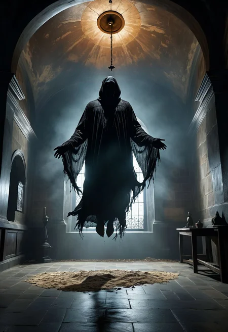a dementor, levitating ominously. BREAK inside a dimly lit bell tower. Close low-angle view point, vibrant, ultra photo realism, Masterpiece, (8k), (32k), UHD, highest-quality, intricate details, highly detailed, best artist, immaculate micro-details, sharp edges, detailed textures, full body shot, full body cinematic, atmospheric lighting, visually stunning, perfect composition, trending on artstation