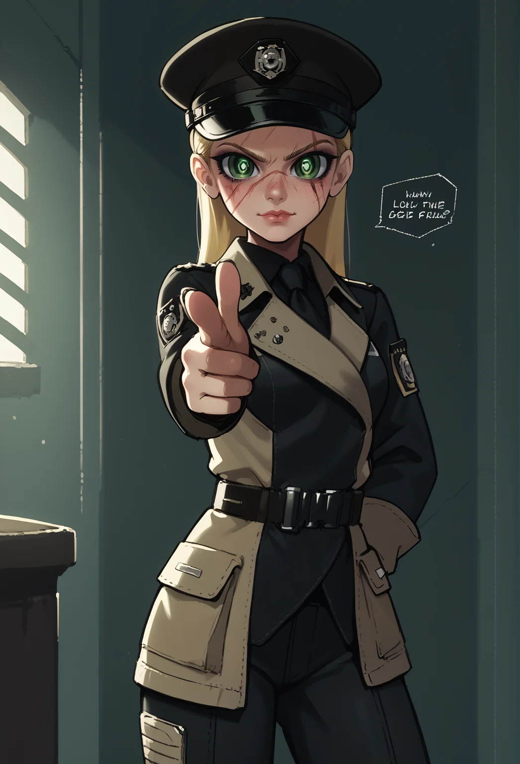score_9, score_8_up, score_7_up, source_anime BREAK (1girl), finger gun, pointing at viewer,<lora:Fingergun_XLPD:1.1>, blonde hair, scars,hat, peaked cap, green eyes, detailed eyes,angular and chiseled,enclaveuni,wearing uniform, <lora:Fallout_-_Enclave_Officer_UniformPONY:0.8> , <lora:epic_anime_scenery_v0_1:0.23>,poster,Graphic novel bold lines dynamic poses speech bubbles, dim lighting, dark theme, <lora:powerpuff_girls_Kim_Crab_style-000009:1>