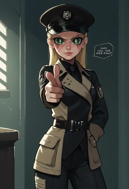 score_9, score_8_up, score_7_up, source_anime BREAK (1girl), finger gun, pointing at viewer,<lora:Fingergun_XLPD:1.1>, blonde hair, scars,hat, peaked cap, green eyes, detailed eyes,angular and chiseled,enclaveuni,wearing uniform, <lora:Fallout_-_Enclave_Officer_UniformPONY:0.8> , <lora:epic_anime_scenery_v0_1:0.23>,poster,Graphic novel bold lines dynamic poses speech bubbles, dim lighting, dark theme, <lora:powerpuff_girls_Kim_Crab_style-000009:1>