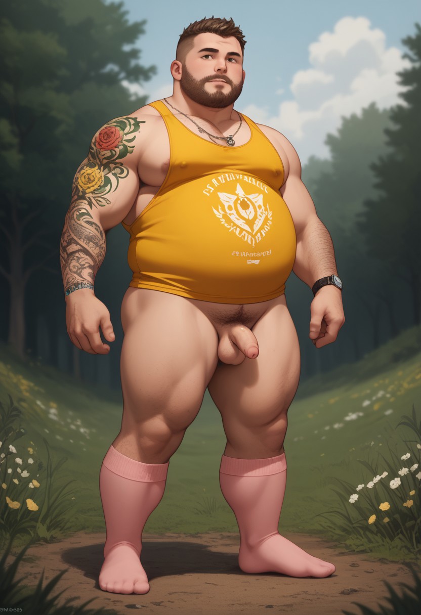score_9, score_8_up, score_7_up, score_6_up, score_5_up, score_4_up, 1boy, male focus, masculine, a chubby guy posing, belly, full body pose, green tattoo, lots of tattoos, singlet, long pink stockings, lace, elaborate yellow harness, yellow skin, very tiny penis, tiny testicles, outdoor