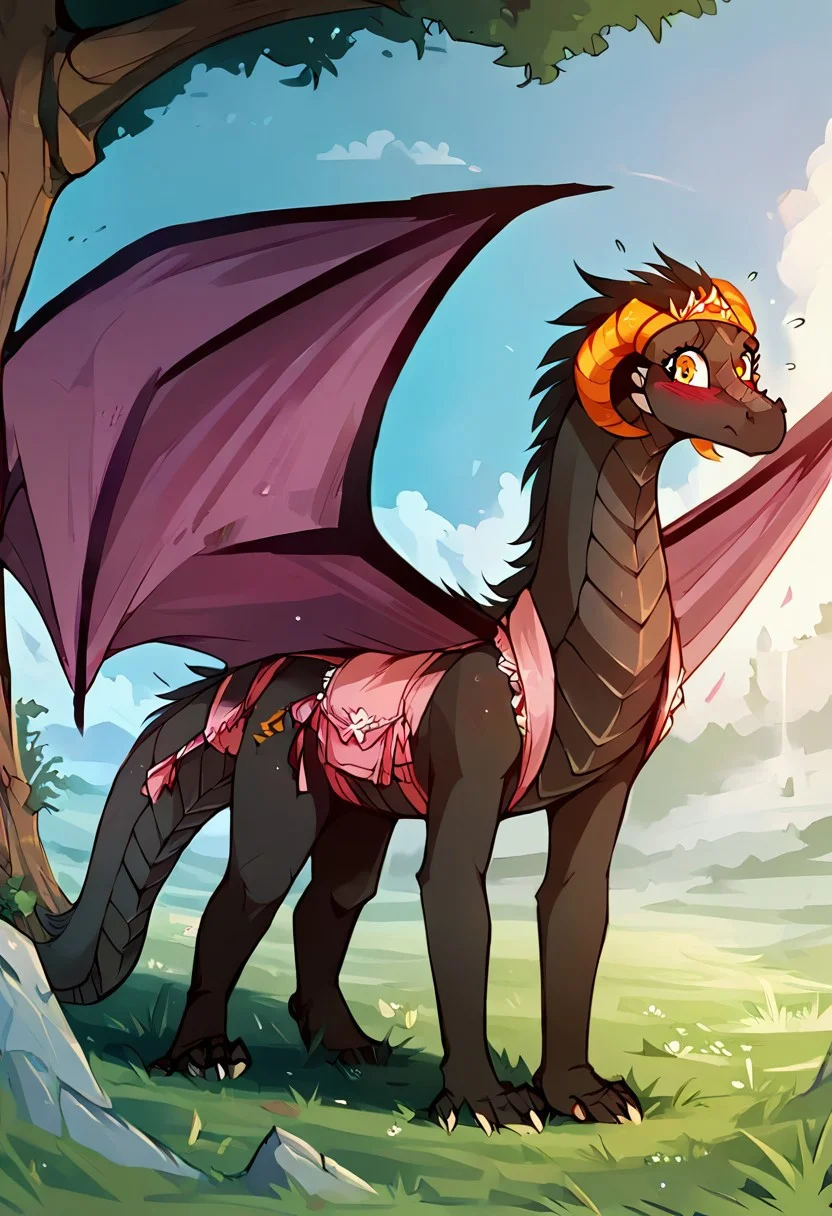 1girl, ((solo)), best quality, ultra-detailed, extremely detailed, perfect anatomy, masterpiece, score_9, score_8_up, score_7_up, reni-twokinds, orange eyes, dragon tail, dragon wings, (feral dragon:1.7), outdoors, in a field, trees, grassy field, blushing, embarrassed, shy, looking away, lingerie, standing on all fours, anxious, nervous, pink lingerie, blue skies,