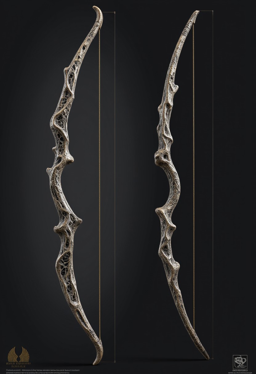 A longbow crafted from the petrified remains of an ancient tree, its limbs streaked with veins of silver. The bowstring is woven from enchanted silk, taut as a blade, humming faintly when plucked. The grip is smooth, polished by centuries of use, fitted with inlays of obsidian and ivory. When an arrow is drawn, the shadows around the archer flicker unnaturally, bending slightly, as if eager to assist in delivering death from afar.
   , aidmamjv7, aidmaHyperrealism, aidmaimageupgrader