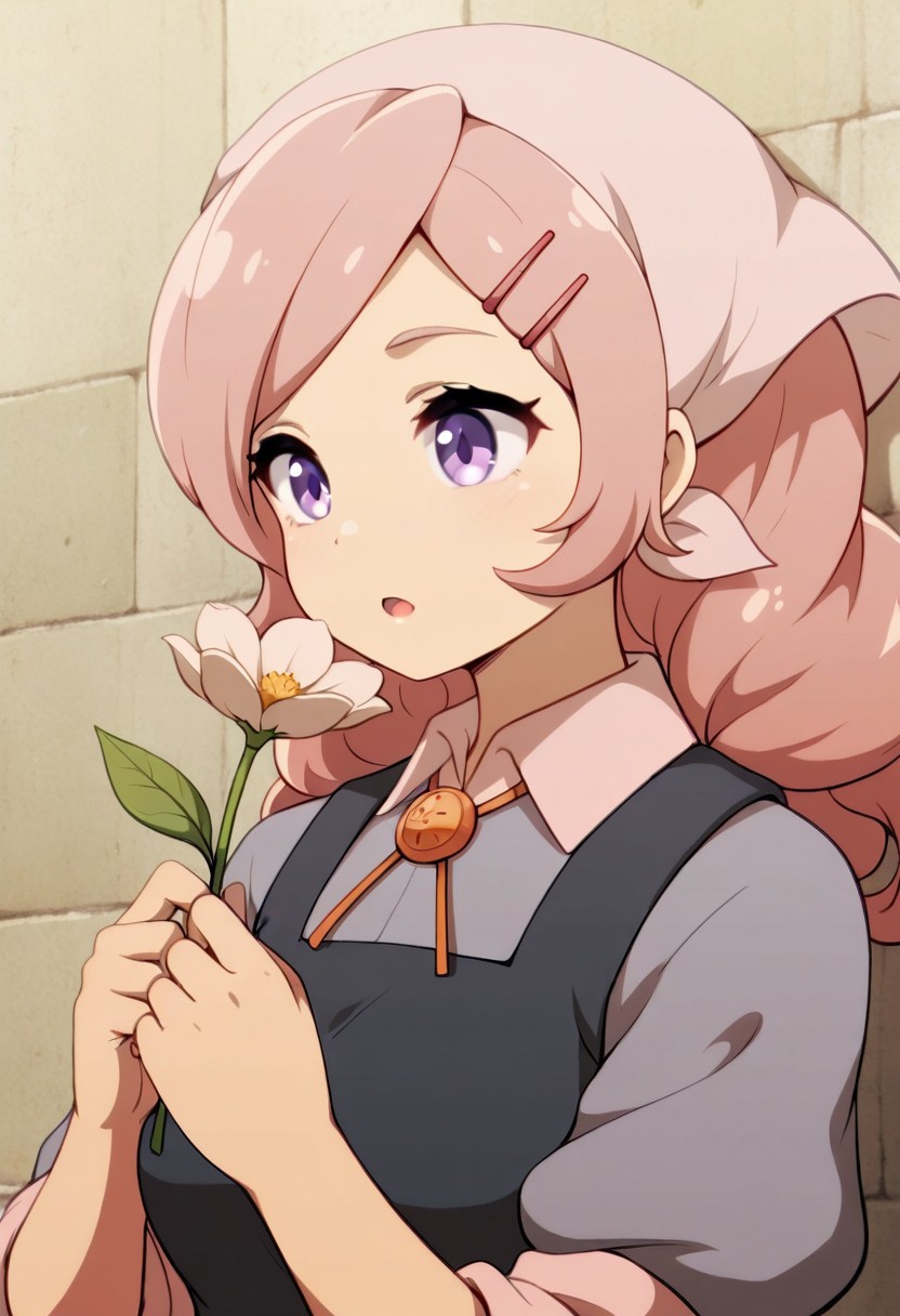 masterpiece,best quality,amazing quality, cariello isabelle, long hair, light pink hair, purple eyes, 1girl, hairclip, hair ornament, solo, shirt, flower, open mouth, head scarf, holding flower