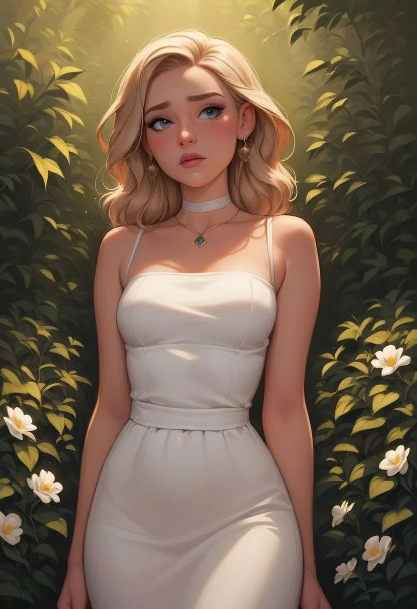 masterpiece, best quality, highly detailed, score_9, score_8_up, score_7_up, score_6_up, source_cartoon, rating_safe, BREAK, blonde white woman in hot dress, shy, in lush forrest, with deer
