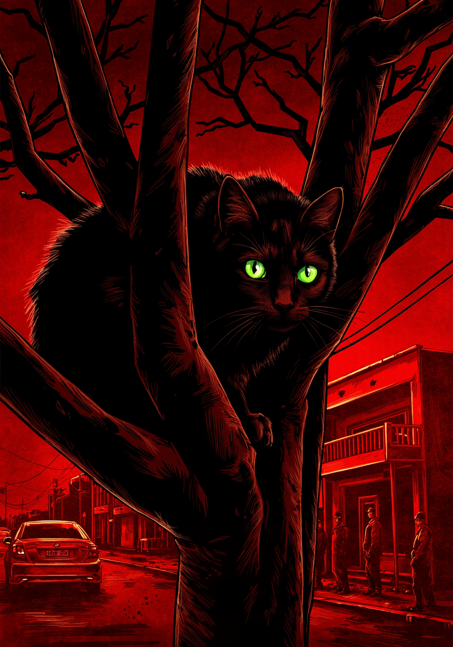 BPRE art of a black cat with wide green eyes on a branch of a tree, a street at night background, dramatic signature red hue of BPRE artwork<lora:BPRE-000013.safetensors:1.0:1.0>