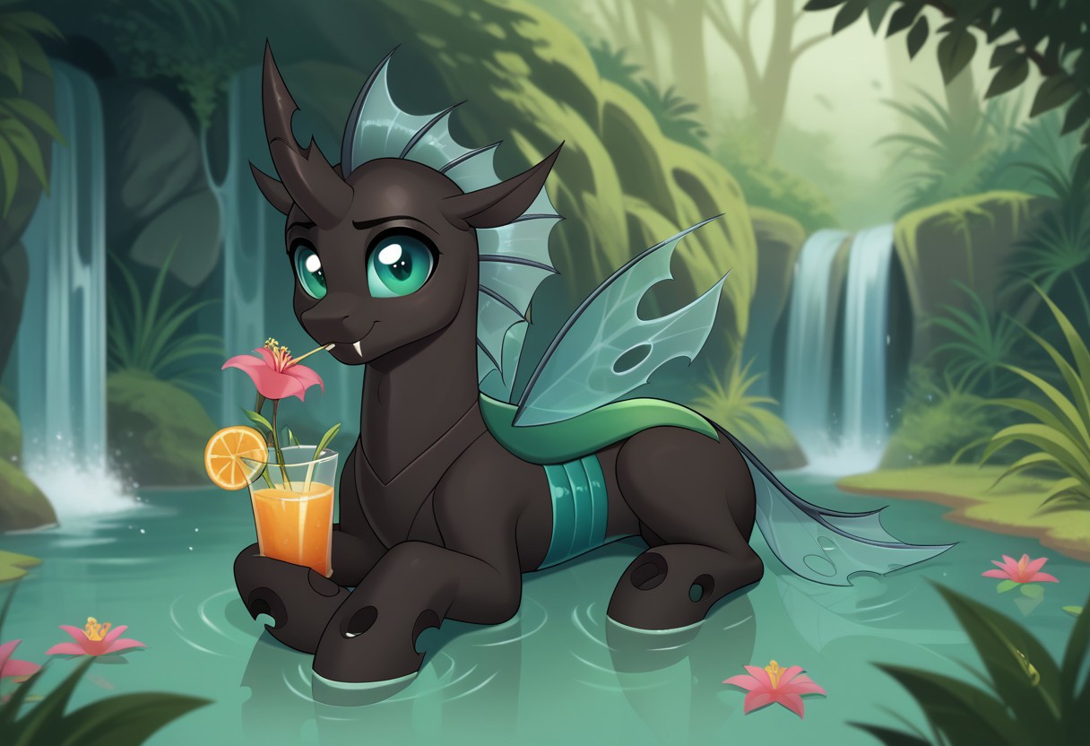 score_9, score_8_up, score_7_up, score_6_up,
Solo, feral, (my little pony, changeling, dark skin, green eyes, cute, femboy, 1male, solo, bald, changeling horn, head fin,), drinking from the lake of a waterfall jungle