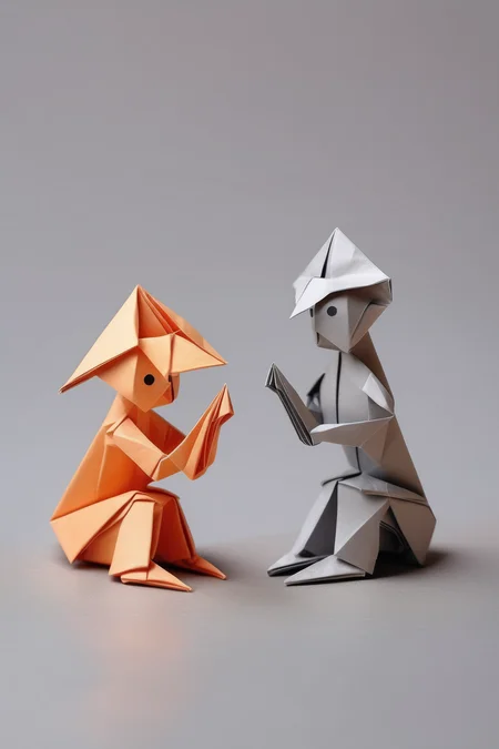 <lora:ORIGAMI:1>ORIGAMI - two origami-shaped little kids seated across from each other at a table on a light gray background