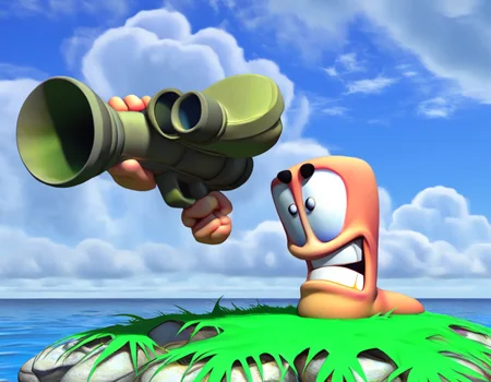wormsteam17, wormrender, worm, 1worm, solo, no humans, w3drender, wfusrender, floating black eyebrows, holding bazooka with worm hands, aiming, clenched teeth, frown, angry, smooth worm body, on grassy island, rocks, [water], [cloudy blue sky], 3d, masterpiece, best quality