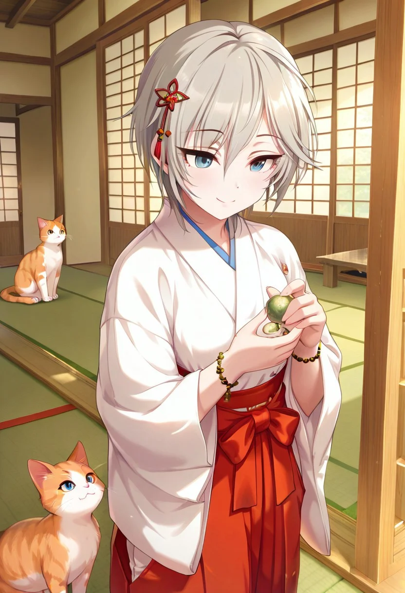masterpiece,best quality,amazing quality, anastasia, short hair, grey hair, blue eyes, 1girl, japanese clothes, miko, hakama, hakama skirt, cat, red hakama, solo, hair ornament, smile, jewelry, bracelet