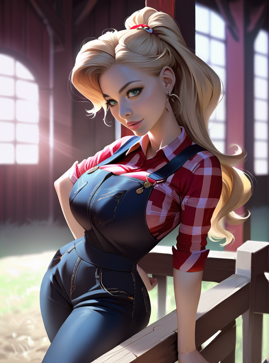 source_anime, figure style Masterpiece, score_9, score_8_up, score_7_up, highly detailed, ultra-realistic, soft twilight lighting, 8k resolution, photorealistic, intricate details, medium shadows, lens flare, headshot, farm girl, farm,
BREAK
1girl named Daisy Mae Gaines, a beautiful, stunning, blonde woman, voluptuous, curvy, with huge breasts, narrow waist, wide hips, thick thighs, a big ass, long wavy ponytail, green eyes, big eyes, black makeup, big smile,
BREAK
wearing overalls, cowboy boots
BREAK
<lora:add_details_xl:0.8>
<lora:incase-ilff-v3-4:0.8>
<lora:bubble_butt_v3-sdxl-LoRA:0.8>
<lora:envyStarlightDigital_v10:0.628>
<lora:Beautiful face_alpha1.0_rank4_noxattn_last:0.8>