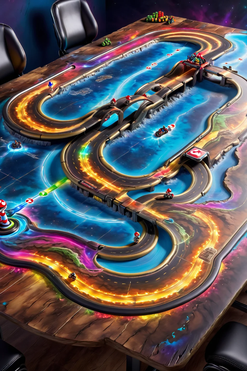 ( <lora:Magical_Parchment:0.8> map, Mario Kart track), magical multicolored ink, high quality, imagination, 8k, fantasy art, vivid magical colors, style-paintmagic, on a gaming table