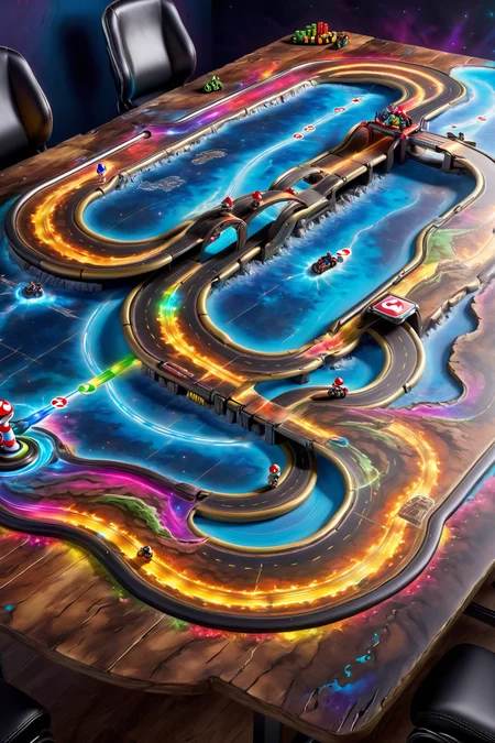 ( <lora:Magical_Parchment:0.8> map, Mario Kart track), magical multicolored ink, high quality, imagination, 8k, fantasy art, vivid magical colors, style-paintmagic,  on a gaming table