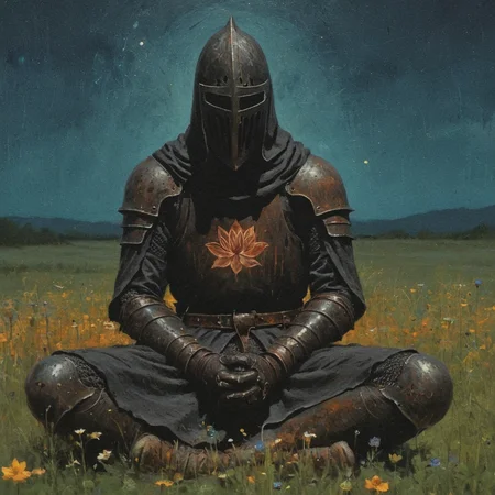 dark fantasy art style, A close-up portrait painting of mystical scene of a black hooded knight in rusted full armor and helmet sitting in a lotus position in a field of night wildflowers, grainy, painterly texture