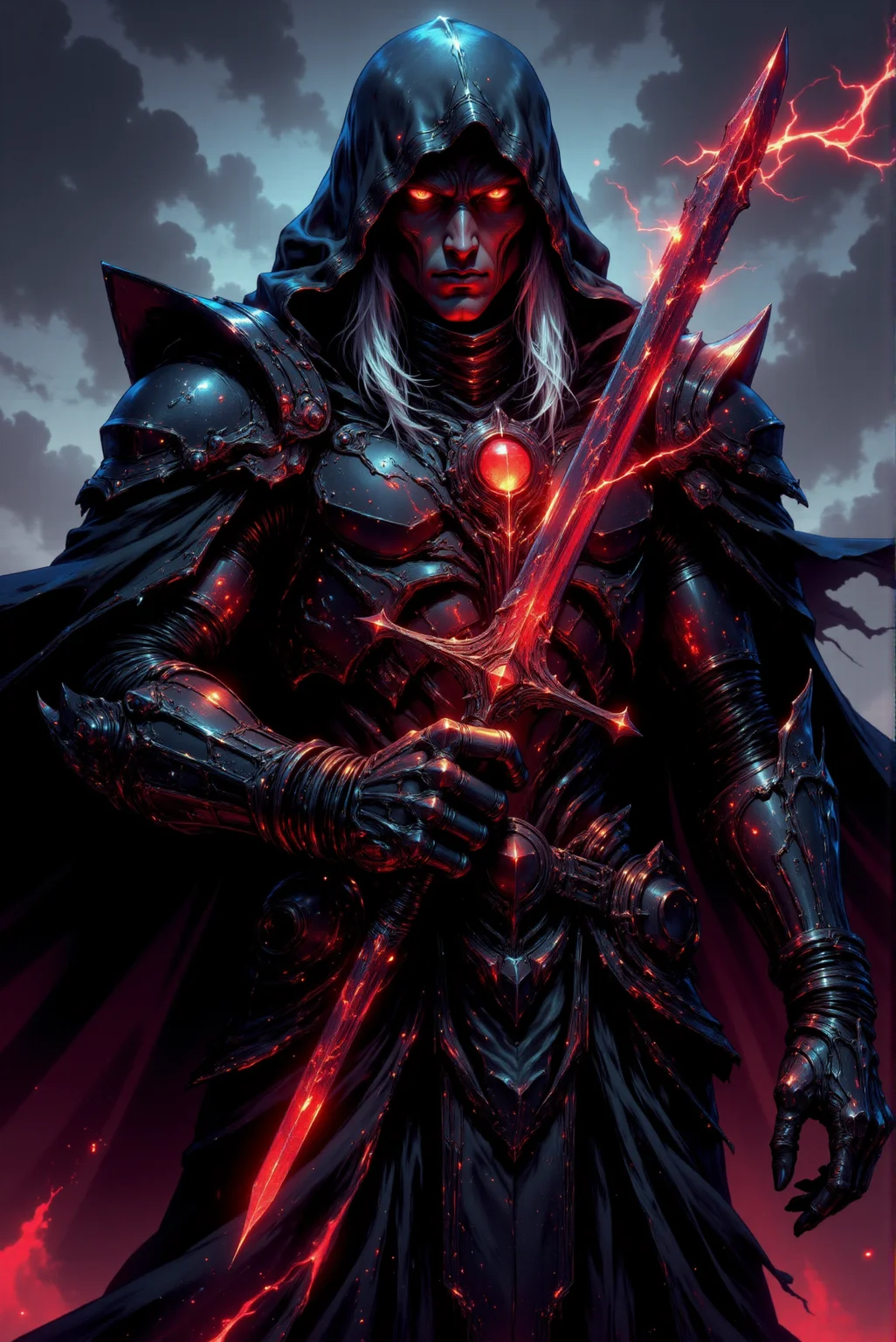 The figure emanates an aura of dread and dark power, clad in layered, angular armor with a sleek, gothic aesthetic. The armor is primarily a deep slate gray, accented with veins of faintly glowing crimson that pulse with a sinister energy. Intricate patterns of black and red adorn the chest plate, where a glowing blood-red gem sits embedded, radiating a malevolent light that matches the fiery intensity of the figure's eyes beneath a shadowed hood. Long, white hair spills from under the hood, contrasting sharply with the darkness that engulfs the rest of the figure. The tattered, flowing cloak, textured with ragged edges and fraying threads, adds to the overall eerie appearance, with dark hues of black and gray subtly shifting to deep maroons and purples in the folds. The armorâs gauntlets feature sharp, claw-like fingers enveloped in a haze of flickering, red spectral flames that seem to writhe and twist with a life of their own. In the figure's hand is a jagged, crimson blade forged entirely of glowing, crackling energy, its irregular edges emanating sparks and tendrils of red light that dissipate into the surrounding air. The sword's form is dynamic and fluid, as though it were alive, pulsating with raw, destructive force. The subdued background, a gradient of stormy gray tones, enhances the figureâs prominence while suggesting an ominous and desolate atmosphere. The use of muted blues and purples in the shadows of the armor contrasts vividly with the fiery reds, creating a balanced yet dramatic palette. The comic style features sharp, defined line work and bold color contrasts, emphasizing the intricate details of the armor and weaponry while maintaining a sense of foreboding energy.
<lora:FLUX_Bioluminescent_Concept:1.0> bo-bioluminescent. <lora:Midjourney_-_SemiReal_Dreams_FLUX_LoRA:0.7> <lora:Dark_Gothic_Comic_style_v.2:0.7> DGC style.
