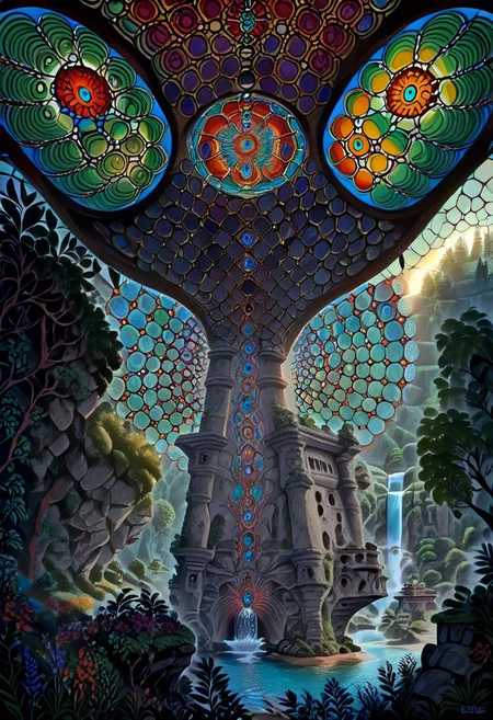 ( vibrant, bio-organism, organic, living, megastructure, unreal engine 5, Fujifilm aesthetic, Center focus, ominous glitchy multifaceted deity of emotions and digitized infinity, Massive, expansive, huge, gigantic, vast shrine, eldritch complex line work,anime background wallpaper styled, caspar friedreich, jnw turner, rutowski, Garden of words:1.3) (high quality stylized cinematic masterpiece,top_source, arafed, Source_anime, underground ancient temple, massive stone pillars and columns, volumetric lightings, dramatic lighting, overgrown ancient library, abandoned hallowed halls, King's chamber, god rays, stained glass, multidimensional, o psychedelic trippy, beautiful, Albert bierstadt fantasy styled masterpiece, lush forest jungle, elaborate intricate fine detailed scenery and gorgeous landscape, sunset, incredible view, 
score_9, score_8_up, score_7_up, tasvisuals
rating_safe, beautiful forest,waterfall, river, trees, shrubs, flowers:1.5), Expressiveh otclillsn (hidden eyes throughout the entire photo: 1.5) fflix_impphoto spiraling human anatomy, impossible human anatomical reference, impossible spiral perspective, incredible psychedelic trippy views viewpoints Expressiveh, tasvisuals, otclillsn, alexgrey, lattice, anatomical, veins, symmetry, multicolored eyes