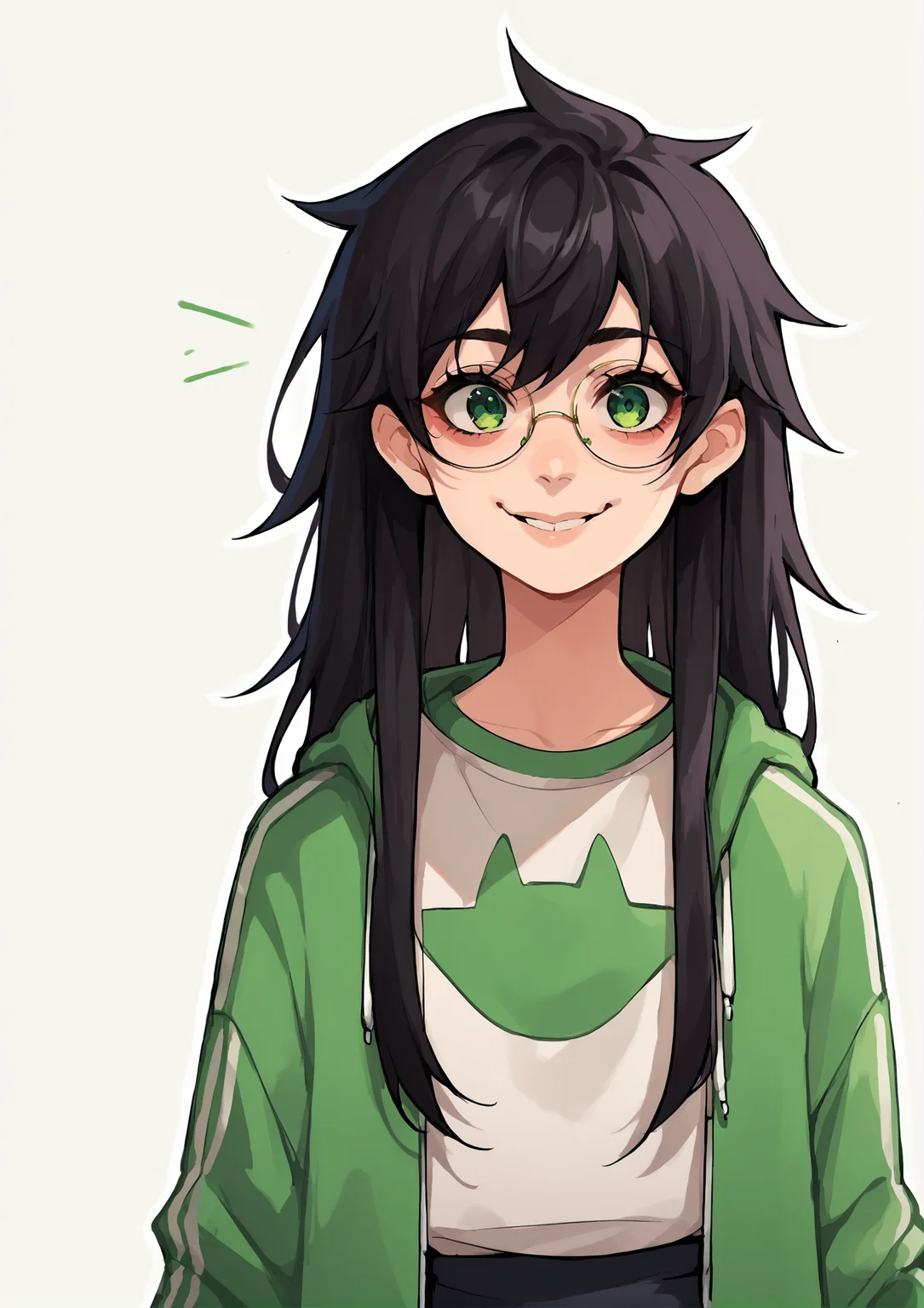 score_9, score_8_up, score_7_up, score_6_up, score_5_up, score_4_up, 2d, anime, anime artstyle, simple shadows, flat coloring, flat shadows, thick lines, white outline, jadeharleystart <lora:Jade_Harley_-_Homestuck__Variant_outfits_-_SDXL_Pony:1>, 1girl, long black hair, glasses, green eyes, smile BREAK source_anime