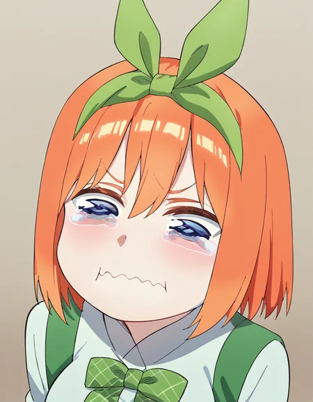 score_9, score_8_up, score_7_up, source_anime, <lora:yotsuba-nakano-s2-ponyxl-lora-nochekaiser:1>, yotsuba nakano, bangs, short hair, blue eyes, hair between eyes, hair ribbon, hairband, orange hair, green ribbon, large breasts,, <lora:aqua-about-to-cry-ponyxl-lora-nochekaiser:1> crying aqua, crying aqua (meme), crying, tearing up, tears, wavy mouth,, ,