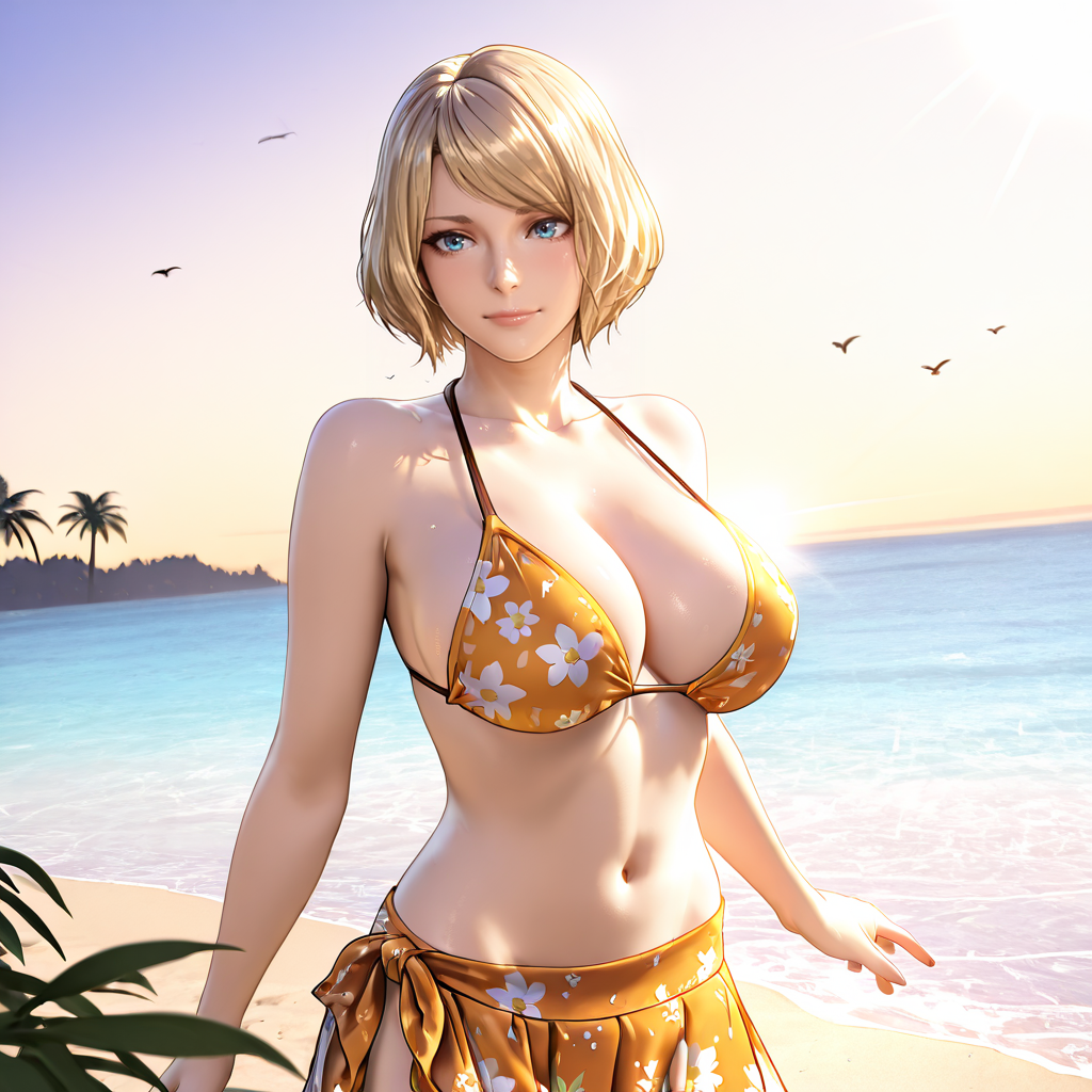 <lora:Ashley_illustrious_v1:1>  Ashley, 1girl, short hair, blonde hair, blue eyes, lips, bob cut, cowboy shot,, wearing a bikini, wearing a floral pattern skirt, at a tropical beach, (sunlight), palm trees, flying birds, radiant light, ray tracing, optical flare, sunglare, perfect face, perfect eyes, sharp focus, big breasts