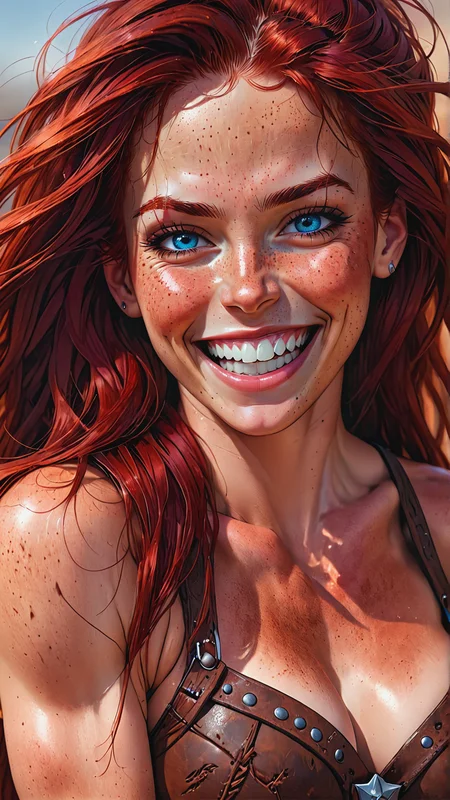 beautiful lady, (freckles), big smile, blue eyes, Long haircut red hair, dark makeup, large breasts, athletic, fit, (abs), sexy, hyperdetailed photography, soft light, (cowboy shot), cover, <lora:EpicF4nta5yXL:0.8>