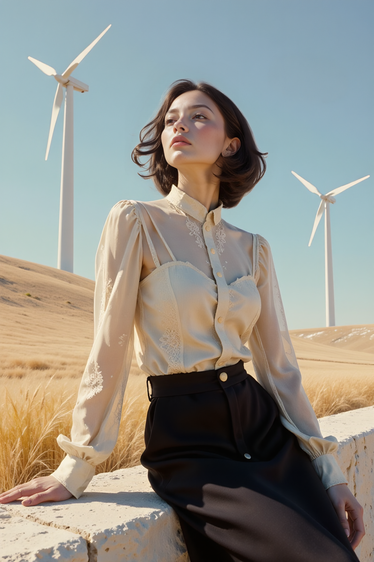 a cinematic, photorealistic 3d image styled like a high-end fashion photograph, captured with a wide-angle 16mm lens from a very low position and tilted steeply upward. the composition shows a young woman from just above her knees to the top of her head, with strong barrel distortion bending vertical lines outward and enlarging the foreground. she is half-sitting on a short wall made of pale rough stone, her arms stretched wide behind her and resting on the surface for support as she arches her upper body backward, pushing her chest forward. her head tilts gently upward and to the side, creating a confident and relaxed silhouette. she has fair skin, soft pink lips, and a calm, serene expression. her hair is a short voluminous bob just below the chin, composed of messy, tightly coiled curls, unstructured and asymmetric, with a soft chocolate brown base color and scattered cream-white strands and tips. she wears an ornate vintage-style blouse made of sheer cream-white tulle, featuring intricate floral and scroll embroidery across the chest panel. a soft standing collar with fine lace trim frames her neck, buttoned delicately at the front. wide decorative lace ruffles cascade from the shoulders down the chest and along the sleeves, adding softness and visual rhythm. the blouse hangs loose and airy over her body, made of delicate transparent tulle. although the fabric is sheer, it subtly veils the anatomy beneath. her breasts are softly defined by the natural fall of the textile, while maintaining graceful opacity and elegance. the sleeves are long and billowy, with gathered cuffs and lace inserts that ripple in the wind, enhancing the blouseâs ethereal presence in the light. around her slim waist she wears a matte black skirt with a soft texture, tightly fitted with large contrasting white buttons. bright midday sunlight illuminates her skin and clothing, and wind stirs her blouse and hair. sunlight filters through the sparse foliage of a nearby tree, casting soft leaf-shaped shadows across her chest and arms, with more light than shade. the ground in the foreground is dry and flat, drawing full focus to the figure. behind her, a gently rising golden wheat field stretches to the crest of a hill, where several white wind turbines turn slowly beneath a clear blue sky. one turbine stands near her on the right, partially entering the frame with its base and a single blade. the entire scene is rendered in the tonal and color character of kodak portra 400 film â with pastel highlights, golden-pink sunlit skin, soft muted contrast, and a nostalgic analog warmth, aidmamj6.1, <lora:aeshteticv5:0.7>, <lora:flux.1_lora_flyway_Epic-detail_v2:0.8>, <lora:Detailed_Hands-000001:0.3>, <lora:20:0.8>, <lora:aidmaSeeThrough:0.9>, <lora:Face_Shapes_-_Heart_V2.1:0.7>, <lora:aidmaMJ6.1_v0.5_3:0.8>