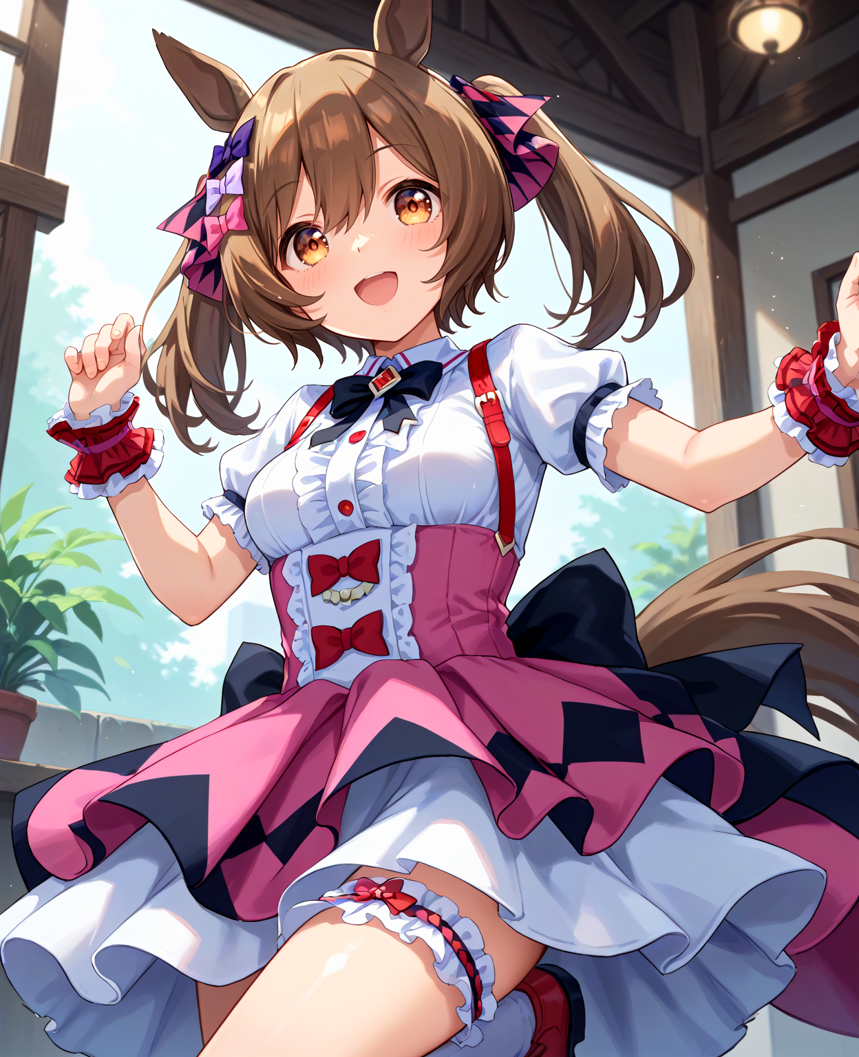 score_9, score_8_up, score_7_up, 1girl, (looking at viewer:1.2), (open mouth:0.6), smile, , patterned background,, (running:1.4),, (from below:1.2),
<lora:pony_smart_falcon_v1.01:0.9>, smart falcon \(umamusume\), horse ears, horse tail, medium breasts, twintails,
puffy short sleeves, white shirt, white layered skirt, pink corset skirt, red suspenders, plaid pattern hair ribbon, red kneehighs, bridal garter, wrist cuffs, black bowtie, low back multicolored ribbon, hairclip, red ribbon, center frills, ,
,