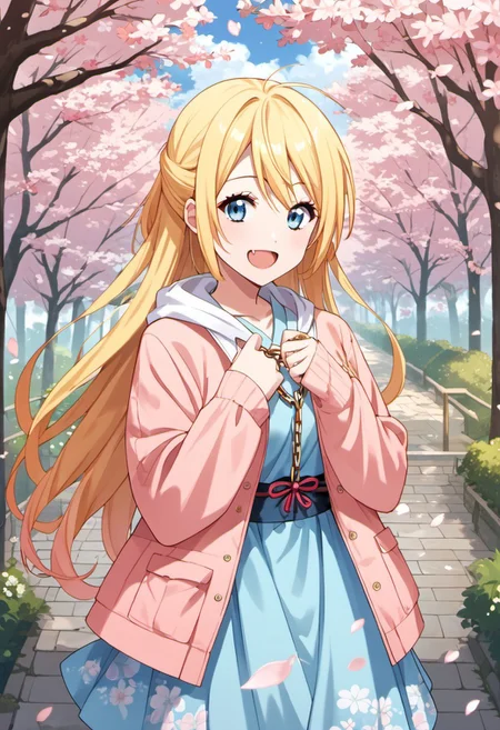 score_9, score_8_up, score_7_up, source_anime,chitoge kirisaki, blonde hair, long hair, blue eyes, 1girl, fang, solo, cherry blossoms, open mouth, petals, hood, smile, skirt, chain