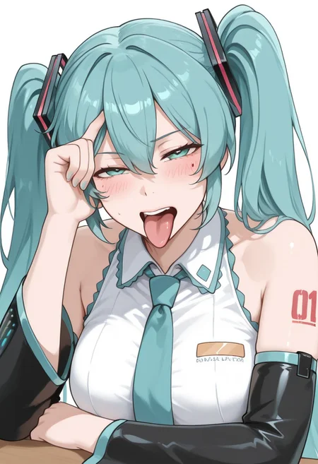 solo, woman, hatsune miku, absurdly long hair,aqua hair,twintails,hair ornament,sidelocks,hair between eyes,parted bangs,aqua eyes, white shirt,collared shirt,bare shoulders,sleeveless shirt,aqua necktie,detached sleeves,black sleeves,shoulder tattoo, half-closed eyes, blush, looking at the viewer, aldn_frky_pose, hand on head, tongue out, table, white background, best quality, masterpiece, 4k resolution, anime