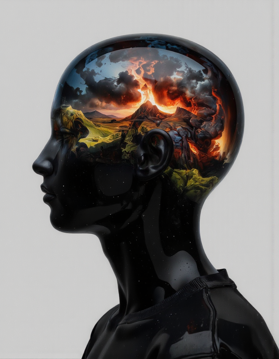 Delirium style. The image is a highly stylized, CGI-generated artwork featuring a close-up profile of a person's head and shoulders. The subject's face is a glossy, reflective black material, giving it a smooth, almost robotic appearance. The face is devoid of features, creating a minimalist, futuristic aesthetic. 
Inside the head, a mesmerizing, surreal scene unfolds. The brain is depicted as a swirling, ethereal landscape with dark, stormy clouds, and bursts of vivid, fiery colors â red, orange, and yellow â suggesting an intense, fiery environment. <lora:Bonafida.Studio:0.9> <lora:Fluxartis_Photography:0.8>