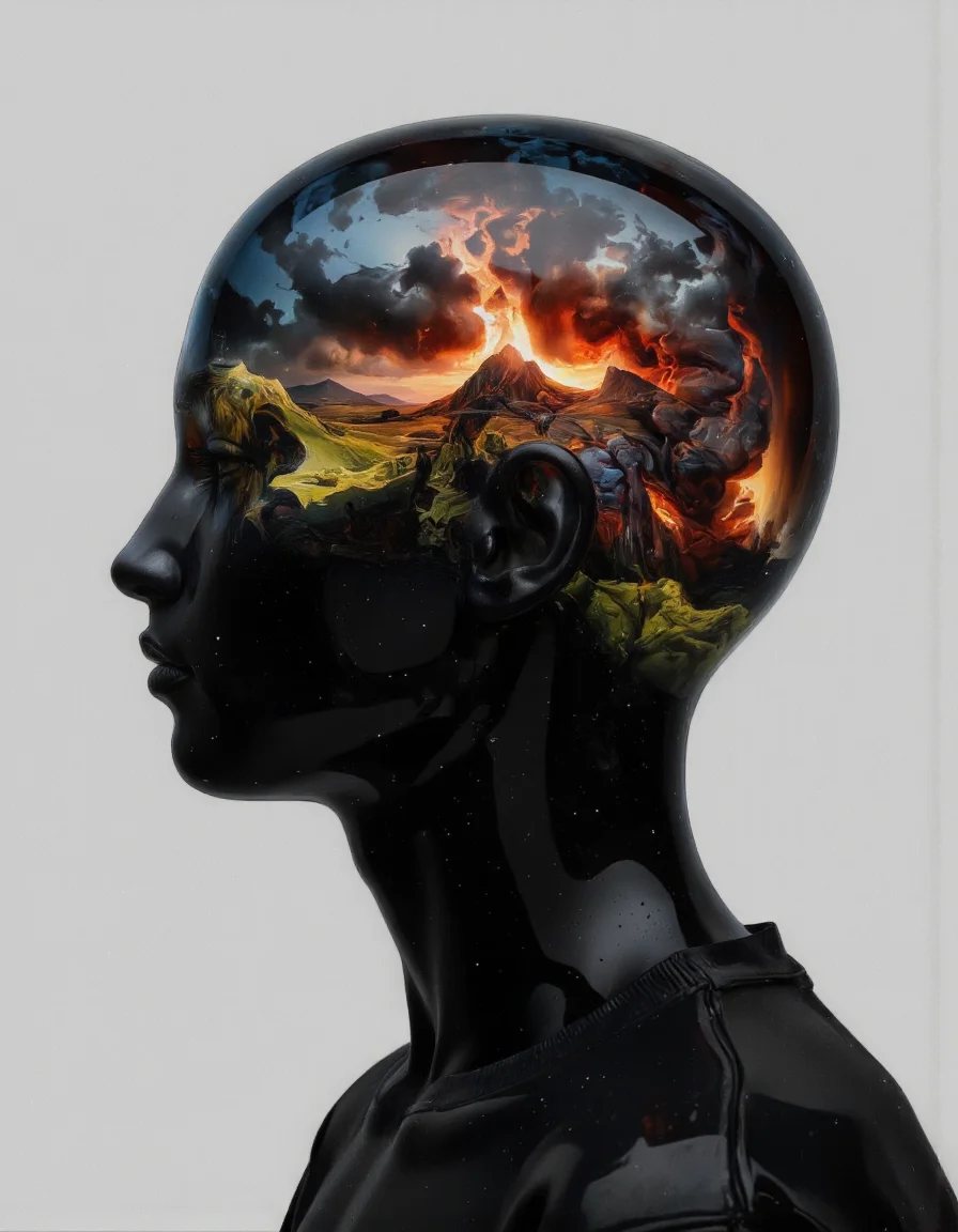 Delirium style. The image is a highly stylized, CGI-generated artwork featuring a close-up profile of a person's head and shoulders. The subject's face is a glossy, reflective black material, giving it a smooth, almost robotic appearance. The face is devoid of features, creating a minimalist, futuristic aesthetic.
Inside the head, a mesmerizing, surreal scene unfolds. The brain is depicted as a swirling, ethereal landscape with dark, stormy clouds, and bursts of vivid, fiery colors â red, orange, and yellow â suggesting an intense, fiery environment. <lora:Bonafida.Studio:0.9> <lora:Fluxartis_Photography:0.8>