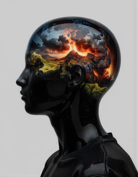 Delirium style. The image is a highly stylized, CGI-generated artwork featuring a close-up profile of a person's head and shoulders. The subject's face is a glossy, reflective black material, giving it a smooth, almost robotic appearance. The face is devoid of features, creating a minimalist, futuristic aesthetic. 
Inside the head, a mesmerizing, surreal scene unfolds. The brain is depicted as a swirling, ethereal landscape with dark, stormy clouds, and bursts of vivid, fiery colors â red, orange, and yellow â suggesting an intense, fiery environment. <lora:Bonafida.Studio:0.9> <lora:Fluxartis_Photography:0.8>