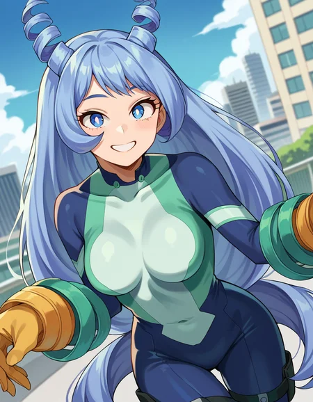 score_9, score_8_up, score_7_up, source_anime,
nejirehadou, <lora:nejire-hadou-ponyxl-lora-nochekaiser:1>
nejire hadou, blue eyes, blue hair, long hair, smile,
blue bodysuit, bodysuit, drill hair, gloves, green bodysuit, multicolored bodysuit, multicolored clothes, yellow gloves, horns,
outdoors, cityscape,
looking at viewer, dutch angle, cowboy shot,