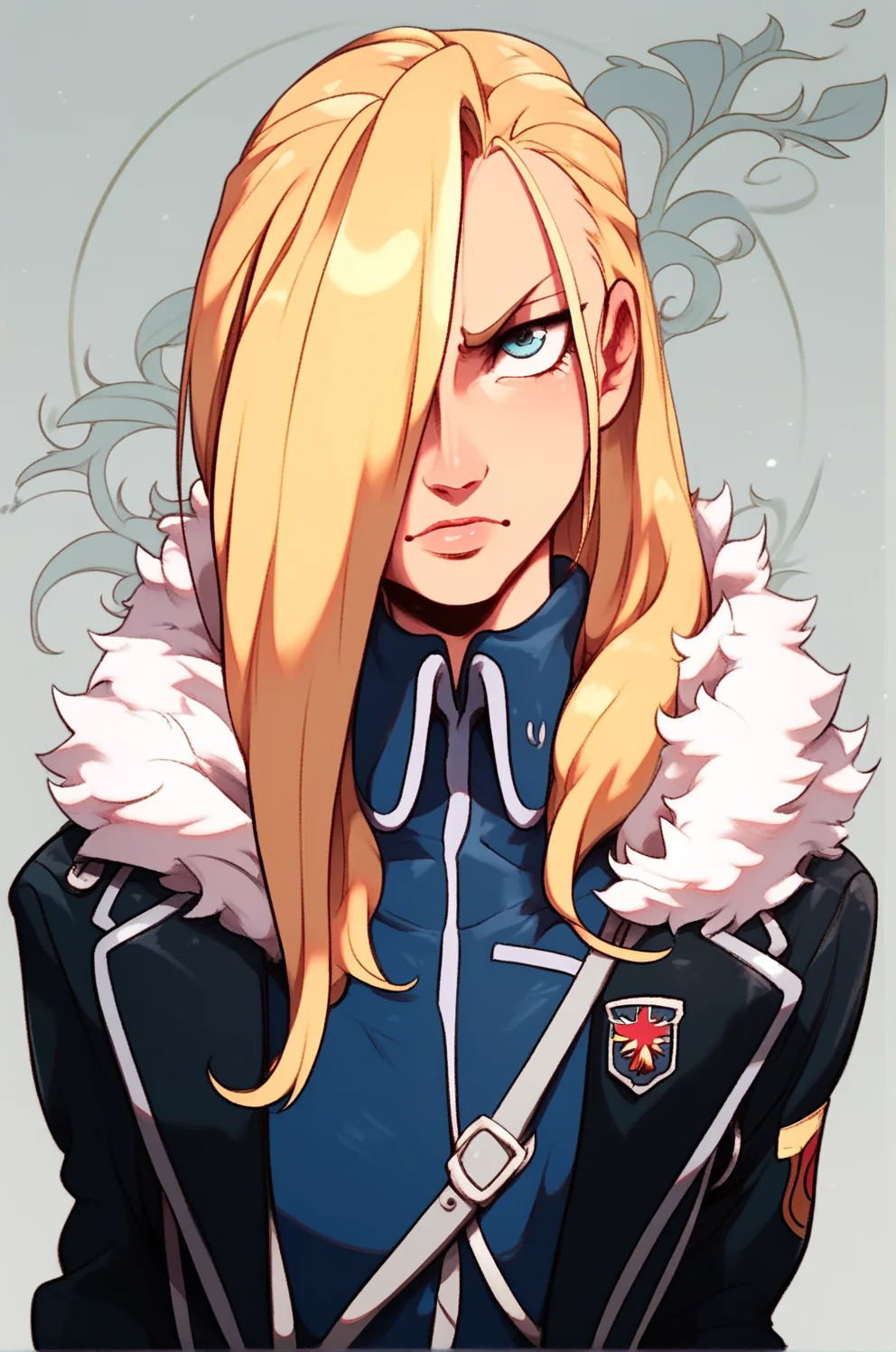 1girl, <lora:Olivier Mira Armstrong Pony XL:0.8>, olivier_mira_armstrong, military uniform, hair over one eye, detailed background, <lora:WesternCartoonClassicDisney100:0.8> score_6_up, score_5_up, score_4_up,, score_9, score_8_up, score_7_up,, zPDXL
